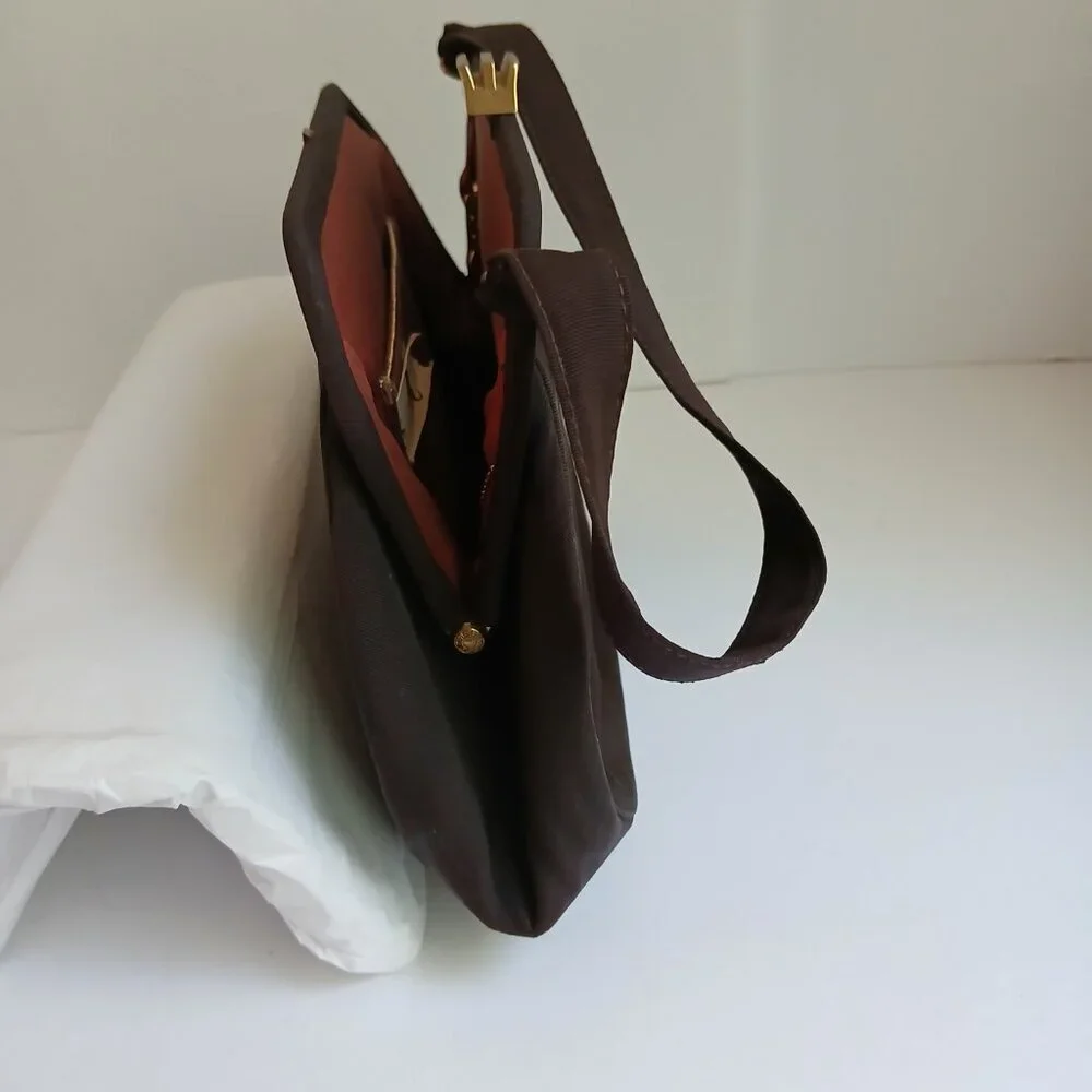 Vintage Brown Grosgrain Gold Art Deco Clasp Handbag with Cute Attached Purse